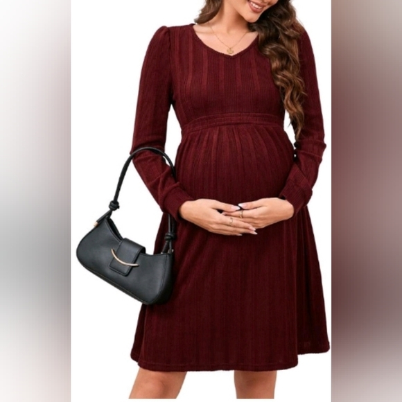 New with tags! Fashion Womens Medium burgundy ribbed long sleeve maternity dress - Picture 1 of 9